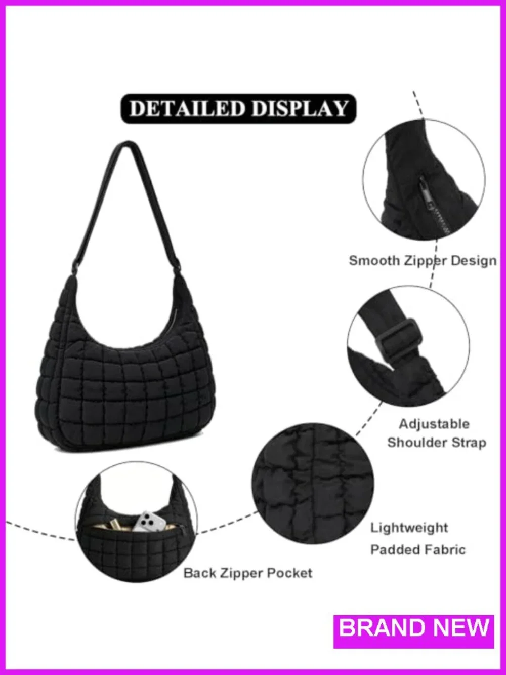 Quilted Nylon Crossbody Shoulder Hobo Bag for Women Padded Adjustable Strap